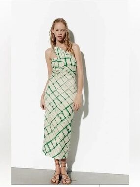 Zara Green and Cream Tie-Dye Crossover Shoulder Midi Dress